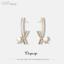 Yhpup, новинка, модные, S925 Серебряные булавки, элегантные, имитация жемчуга, медные серьги х формы, очаровательные, женские, вечерние, свадебные, Oorbellen ювелирные изделия