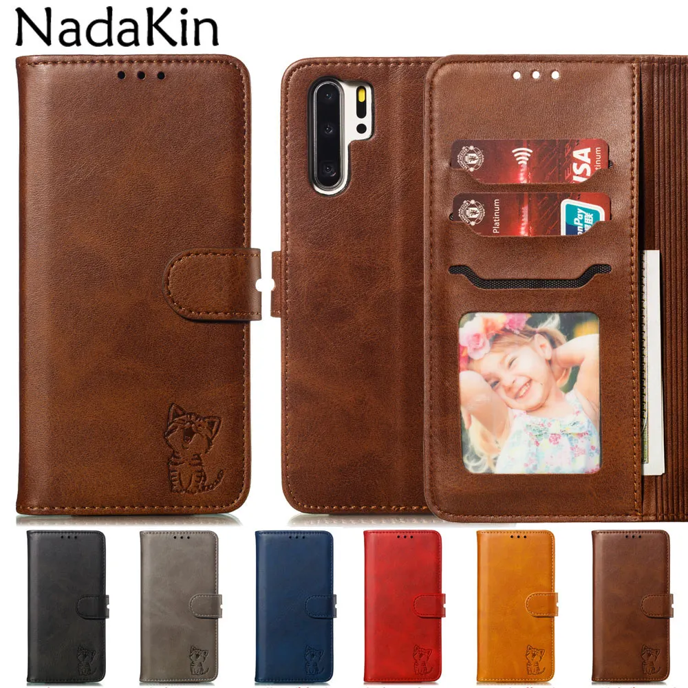 

Happy Cat Texture Flip Book Phone Shell Case for Huawei P20 P30 Mate 20 Lite Pro Plain Leather Wallet Cover for Y7 2019