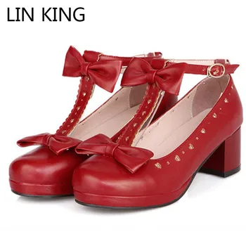 

LIN KING Sweet Butterfly-knot Women Pumps Mary Janes Lolita Shoes Girls Soild Round Toe Summer Platform Party Shoes Plus Size 43