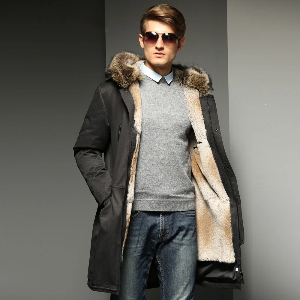 

men rabbit fur liner coat man winter fur parkas outerwear raccoon fur collar