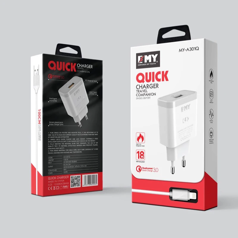 EMY 18 wát Sạc Nhanh 3.0 Nhanh Chóng Điện Thoại Di Động Charger EU Cắm