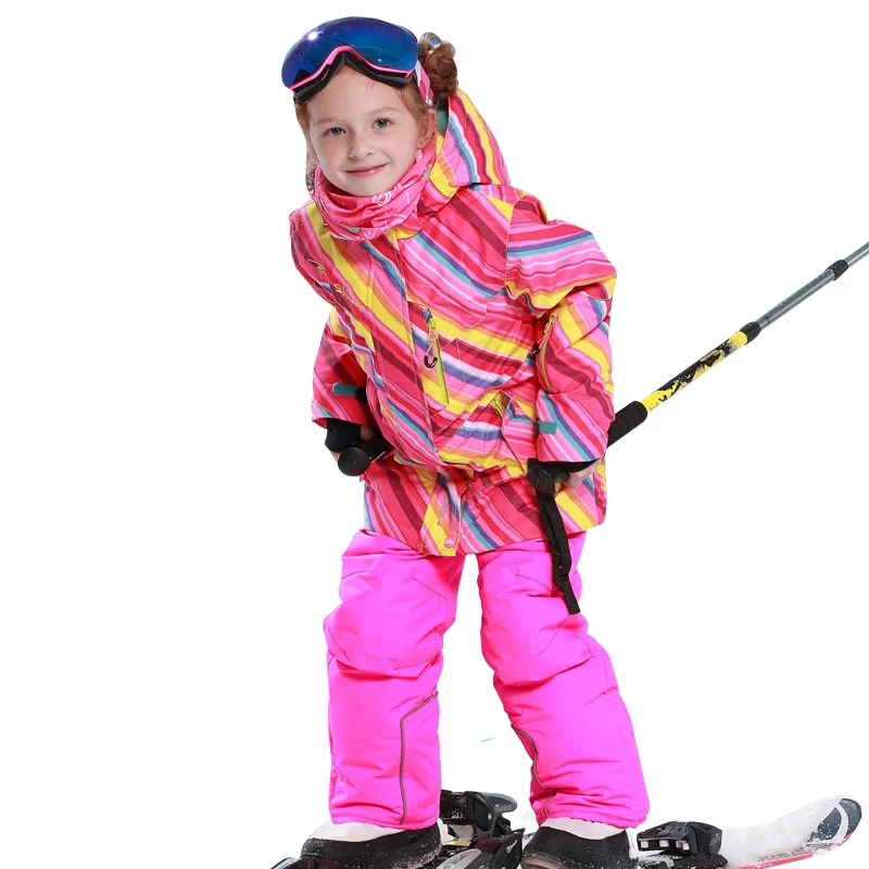 Winter Girls Ski Suits Striped Fleece Kids Skiing Sets Jackets Overalls Children Clothing Sets Windproof Sport Snow Outfits - Цвет: Розовый