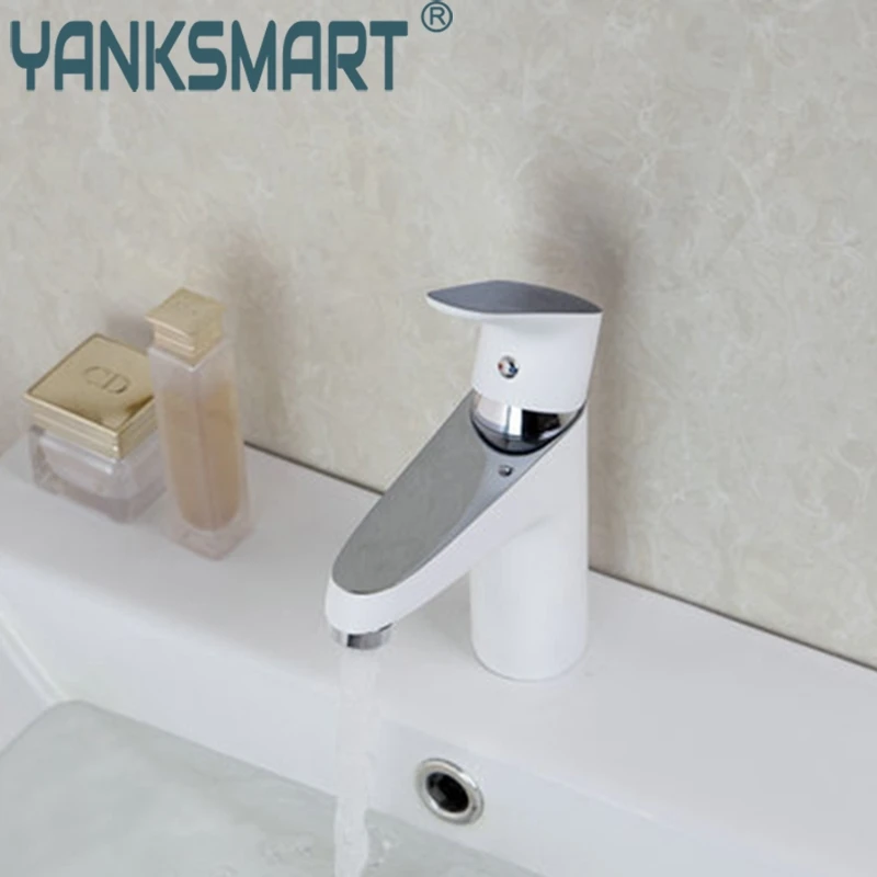 White Painting Chrome Bathroom Basin Faucet Deck Mounted Single Handle Cold And Hot Mixer Water Tap