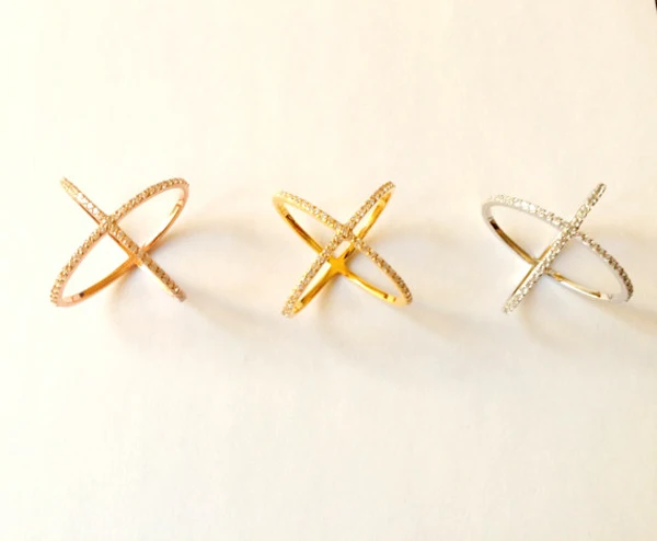 

Top selling gold rhodium rose gold colors Real 925 sterling silver micro pave zircon cross X ring band ring for women