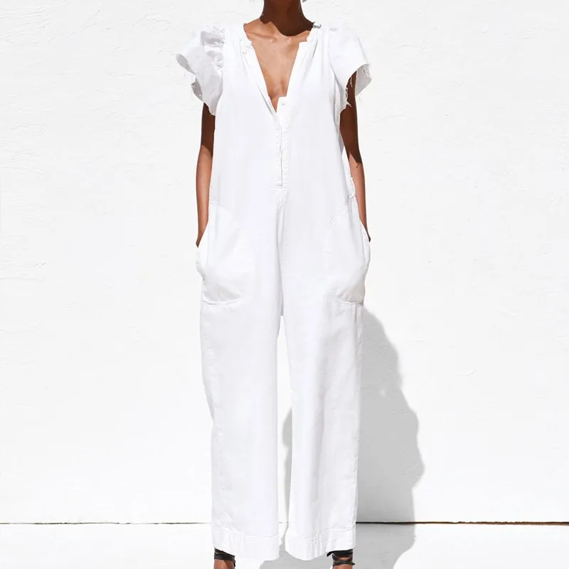 Ladies White Sexy Long Jumpsuits Women Jumpsuits Fashion Short Sleeve Bodysuit Female Elegant V Neck Ruffles Jumpsuit Ladies White Sexy Long Jumpsuits Women Jumpsuits Fashion Short Sleeve Bodysuit Female Elegant V Neck Ruffles Jumpsuit