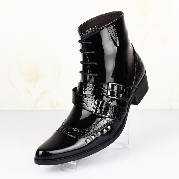 New Men Cuban Chunky heel Punk Ankle Boots Pointy Toe Chain Buckle British Shoes