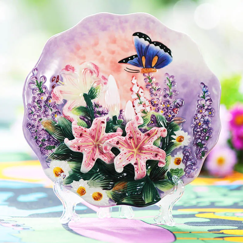 Handpainted Butterfly And Lily Hanging Plate Hanging Wall Plate Decorative Plate Ceramic Hanging Tray American Garden Plate 2