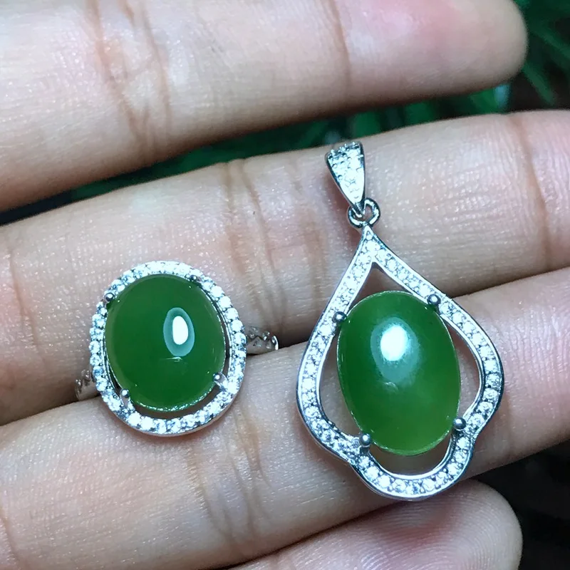 MeiBaPJ Classic Natural Nephrite Jade Gemstone Jewelry Set 925 Sterling