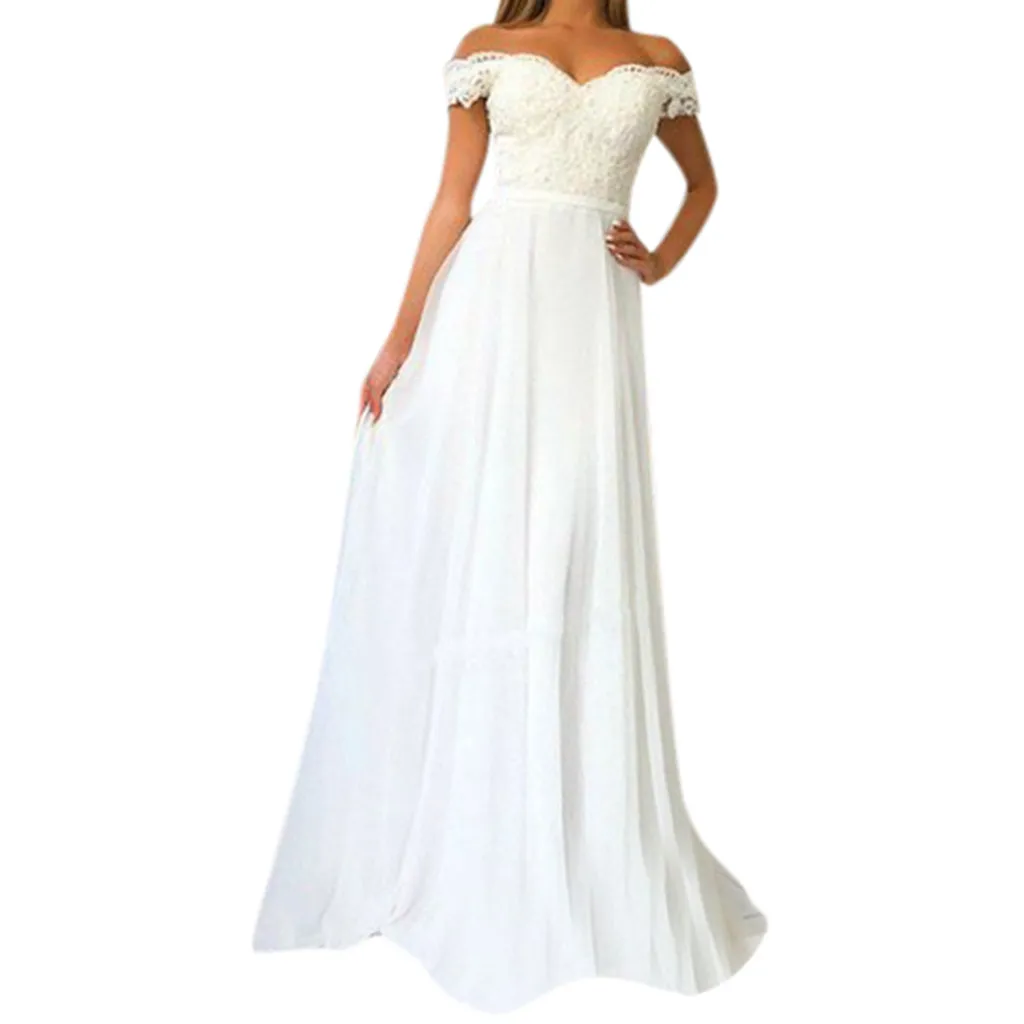 

Women White Dress Sexy Sling Cross Wedding Slash Neck Elegant Party Evening Slim Hollow Lace Dress Chiffon Lace Long Dresses