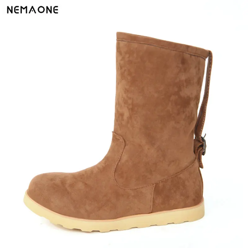 

NemaoNe Snow Boots Winter Female Ankle Boots Warmer Plush buckle Fur Suede Rubber Flat Slip On Fashion Platform Women's Shoes