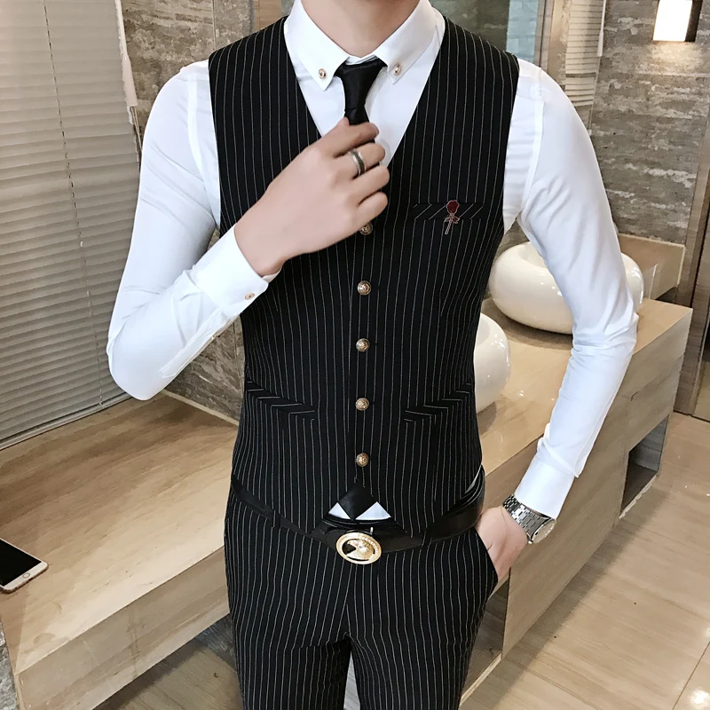 2019 Classic Black Stripes Men Vests Business Banquet Wedding Men Suit Vest  Black Blue Fashion Casual Waistcoat Man