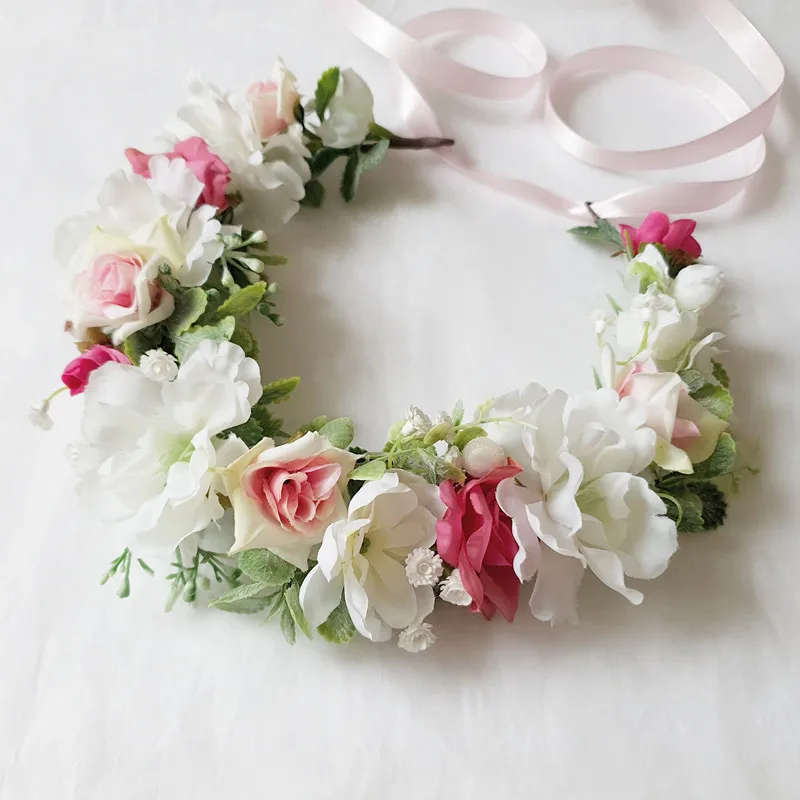Женский свадебный головной убор принадлежности для волос для девочки розовый белый цветочный венок Корона праздничный головной убор Цветочная Гирлянда