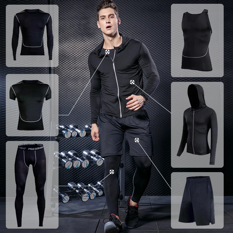 Мужская спортивная одежда для тренажерного зала, фитнеса, облегающая одежда для пробежек, тренировочный костюм, быстросохнущие, высокая эластичная одежда