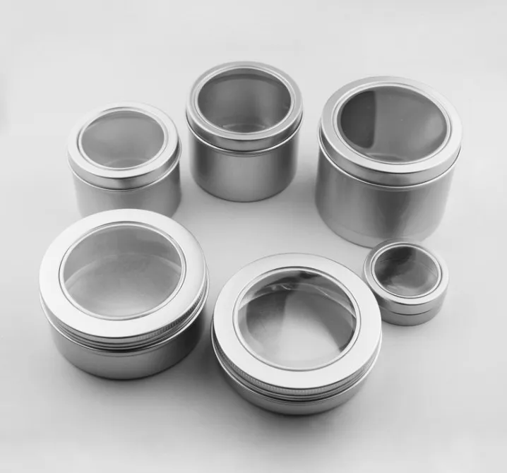 

2019 New 200pcs 25/60ml/100ml Round Clear Window Tins Stage Spices Case Aluminum Container Box Can