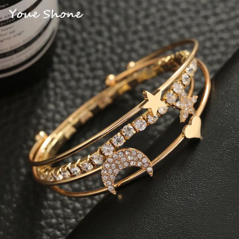 4 пары в наборе, браслет с пентаграммой, звездой, луной, блестящим метеоритом, женский браслет, металлические украшения, золотой, серебряный браслет для женщин