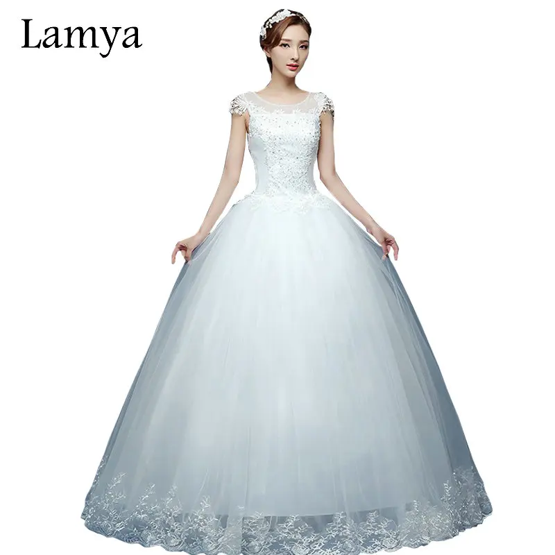 

Sexy Wedding Dress Lace Up Back Bridal Ball Gown Flower Short Sleeves Wedding Gown In Stock Floor Length Lace Bottom Summer Gown