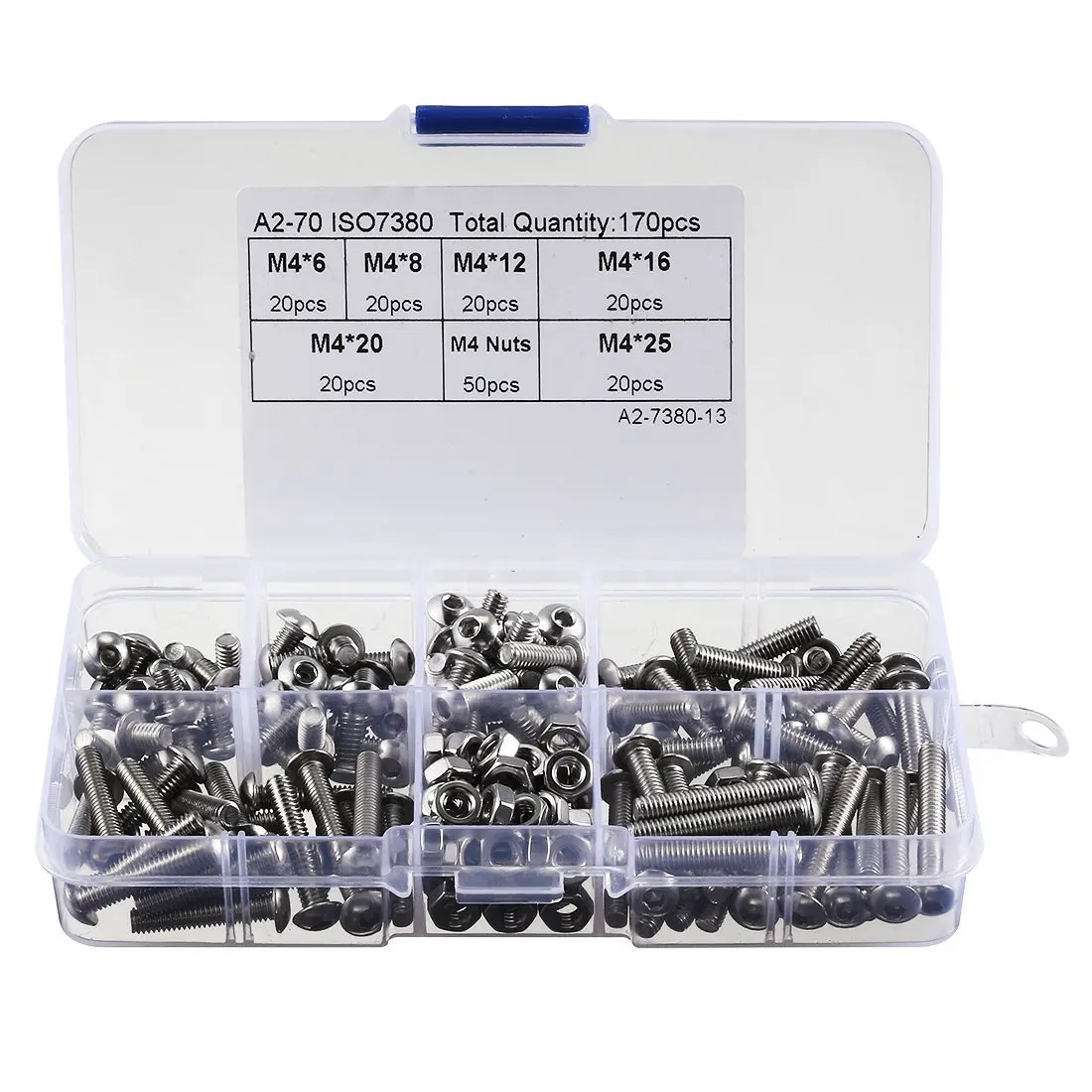 

170pcs 304 Stainless Steel M4 Hex Socket Button Head Screw Nut Assortment Kit