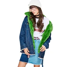 Новая высокая мода уличная женская джинсовая куртка съемная подкладка из натурального кроличьего меха и меховой воротник большой размер зимняя куртка