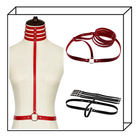 Multilayers Leather Bondage Necklace Black Red Color Fashion Sexy Wide Choker Punk Collar Bra Club Party Wear Jewelry