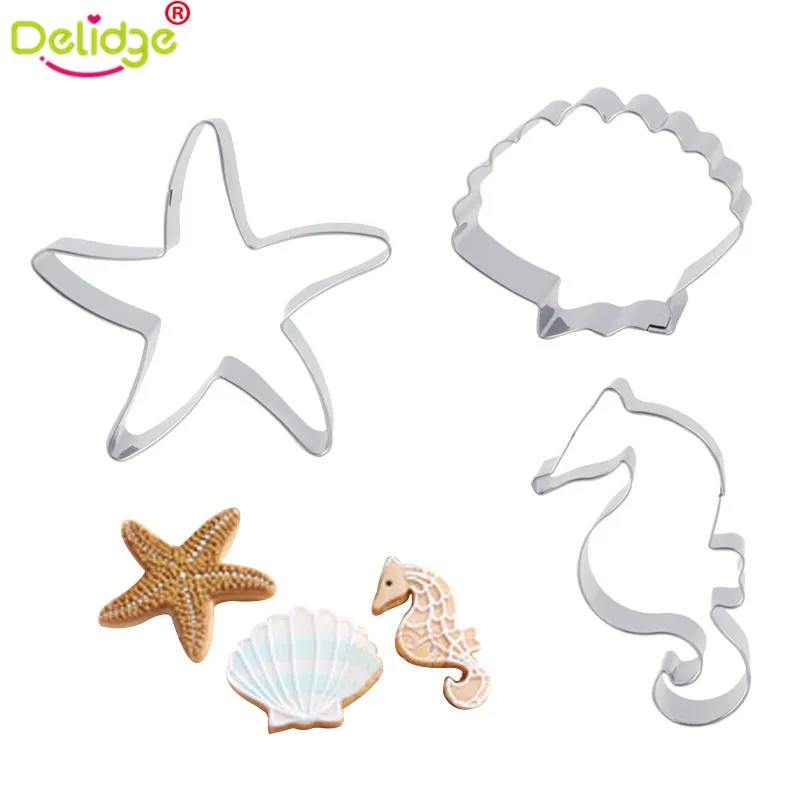 

Delidge 3 pcs/set Shell Hippocampus Star Shape Cookie Molds Stainless Steel Marine Organisms Cookie Shell Star Fish Cake Molds