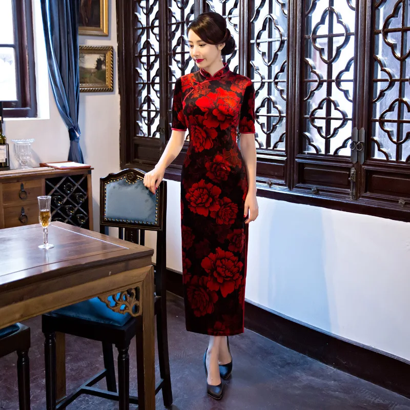 2018 Новая мода для печати Половина рукава эластичного бархата платье Ципао китайское платье Vintage Китайский стиль восстановление Cheongsam