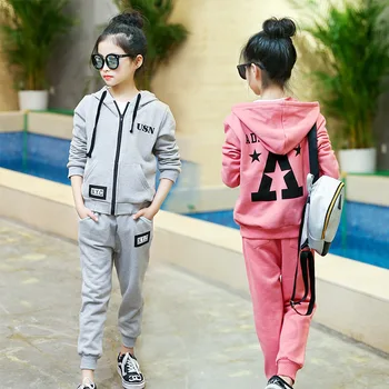 

2018 Autumn New Girls' Chinese Korean Fashion Trend Leisure Print Hooded Girl's Suit Girls Chothing Set