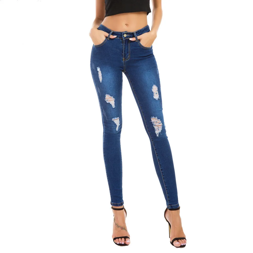 Новое поступление, джинсовые брюки с дырами, джинсовые обтягивающие брюки с средней талией, эластичные джинсы, узкие джинсы, женские брюки, брюки 8613