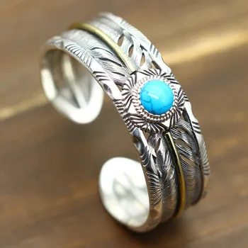 

S925 Sterling Silver Indian Style Open Ended Retro Thai Silver Men And Women Old Jewelry Blue Turquoise Feather Bangle