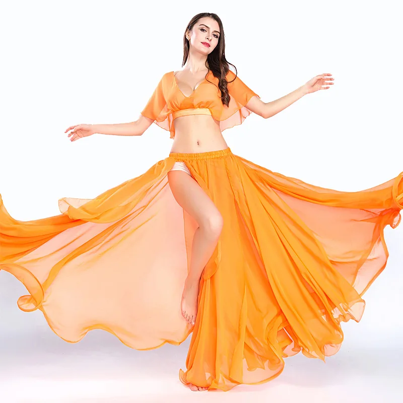 Hot Sale Free Shipping New Women's belly dance set costume belly dancing clothes sexy fashion girl bellydance Chiffon Top skirts - Цвет: Orange