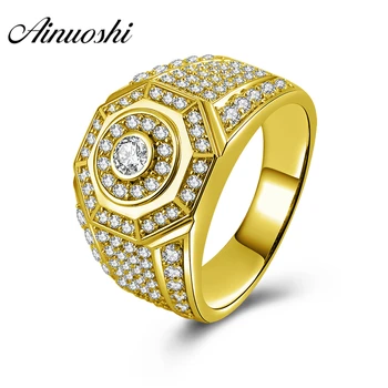 

AINUOSHI Luxury Real Gold Wedding Ring 14K Solid Yellow Gold Geometrical Design Wide Band Engagement Wedding Jewelry Men Ring