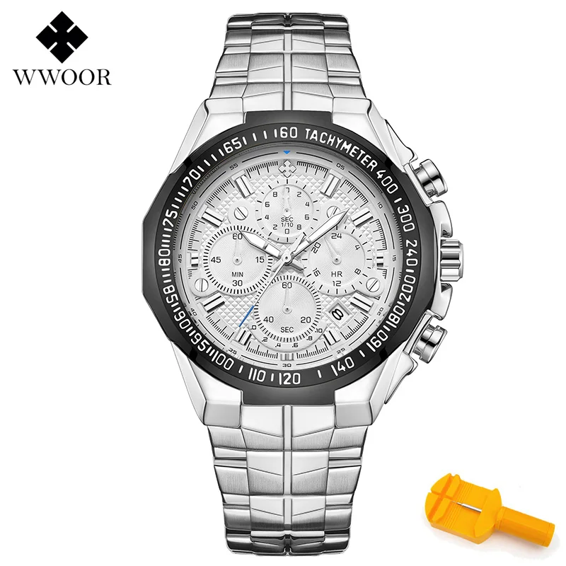 WWOOR часы для мужчин модные спортивные кварцевые часы для мужчин s часы лучший бренд класса люкс Полный сталь Бизнес водонепроницаемые часы Relogio Masculino - Цвет: silver white