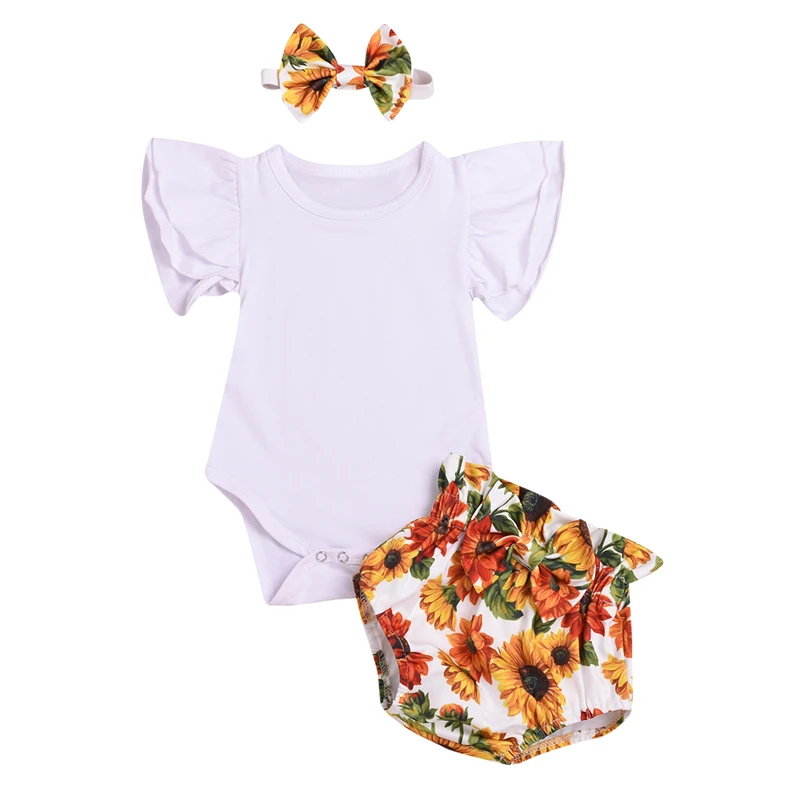 

3PCS Newborn Infant Baby Girls Clothes Set Short Sleeve Summer Bodysuit Tops Sunflower Shorts Outfits Costume Clothing Playsuit