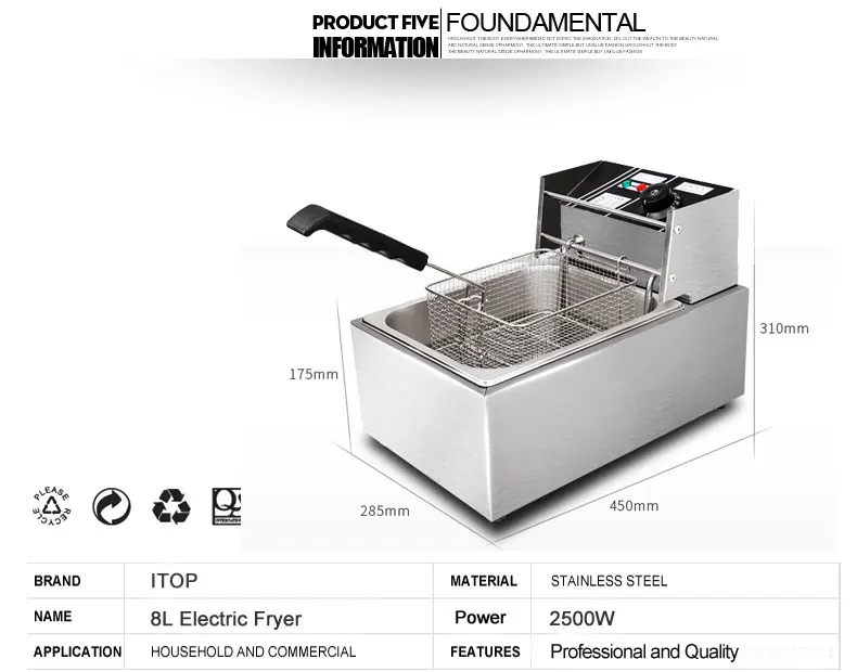 Бытовых и коммерческих 8L электрическая фритюрница жарки машина бытовой и коммерческого костюм Еда машины CE Нержавеющая сталь