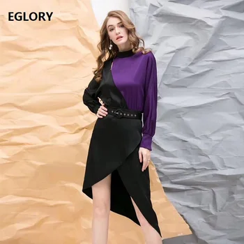 

Top Quality New 2019 Spring Cocktail Party Women's Dress Stand Neck Color Block Patchwork Long Sleeve Asymmetrical Dress Club