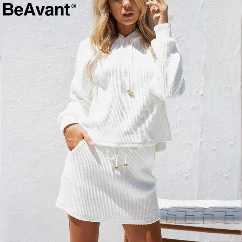

BeAvant Hooded lace up two piece dress women Knitting casual sweatshirt dress female Oversized cotton white autumn winter dress