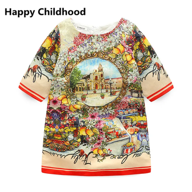 2016 Fashion Brand Spring Vintage Print Girls Dress 1pc half sleeve girls clothes Elegant Princess Dress