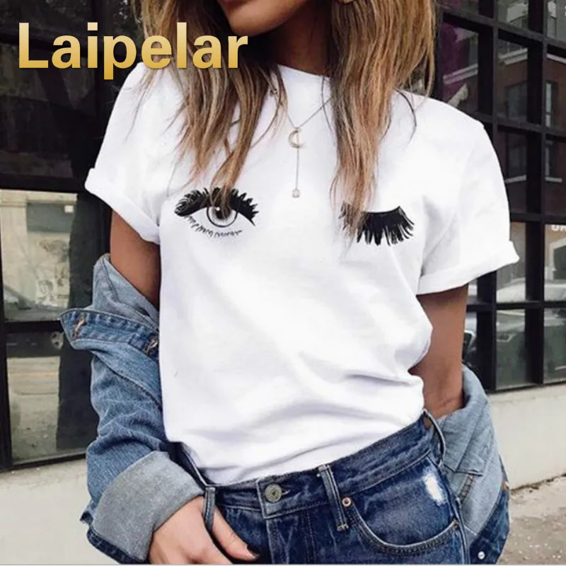 

Laipelar T shirts Women 2018 Summer Causal Short Sleeve T shirts Cotton Women White Round Neck Wink Eyes Print Cute Tee