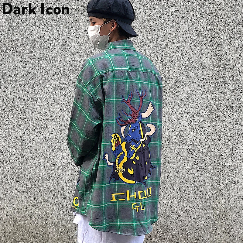

Dark Icon Front Pockets Loose Plaid Shirt Men 2019 Autumn High Street Shirts Men's Long Sleeve Shirts Streetwear Clothes