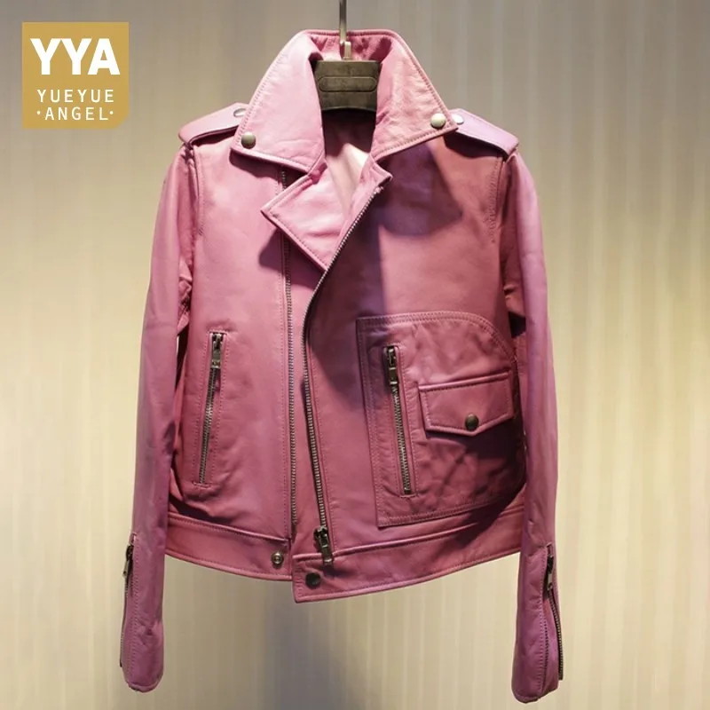

Women Pink Genuine Leather Jackets Fashion Lapel Quality Cowskin Motorcycle Female Casual Slim Short Cow Leather Jacket Coats