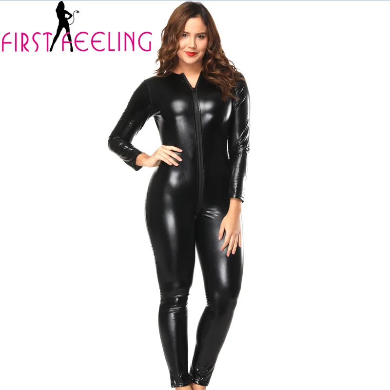 Sexy Female Black Leather Bodycon Bodysuit Open Crotch with Zipper Back ...