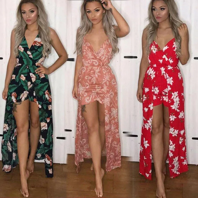 

Women Boho Floral Printed Jumpsuit New 2018 Ladies V-neck Sleeveless Evening Party Beach Jumpsuit Suspenders Spilt Casual Romper