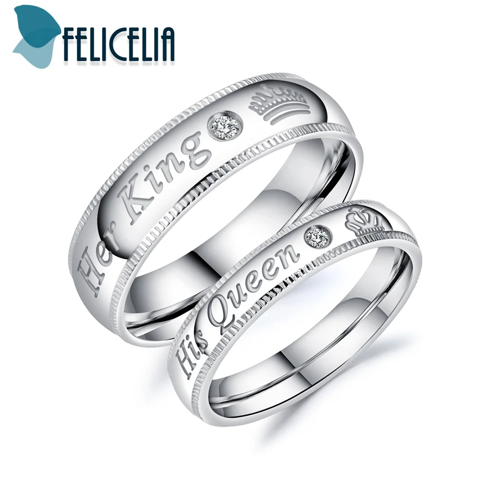 buy Felicelia Her King and His Queen Rings Stainless Steel CZ Couples Rings Men Women Romantic Wedding Engagement Fashion Jewelry