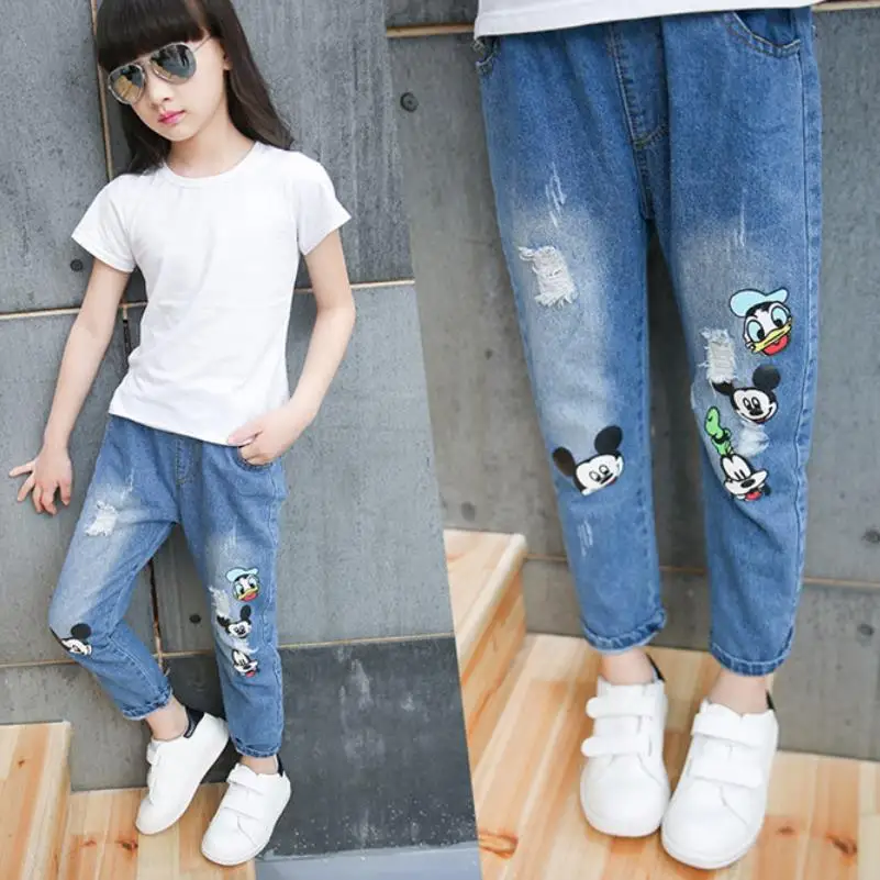 

2019 Sell well Girls Jeans for Spring and Autumn Children's Clothing Mickey printing Jeans 3-12 Ages Blue girl jeans kids