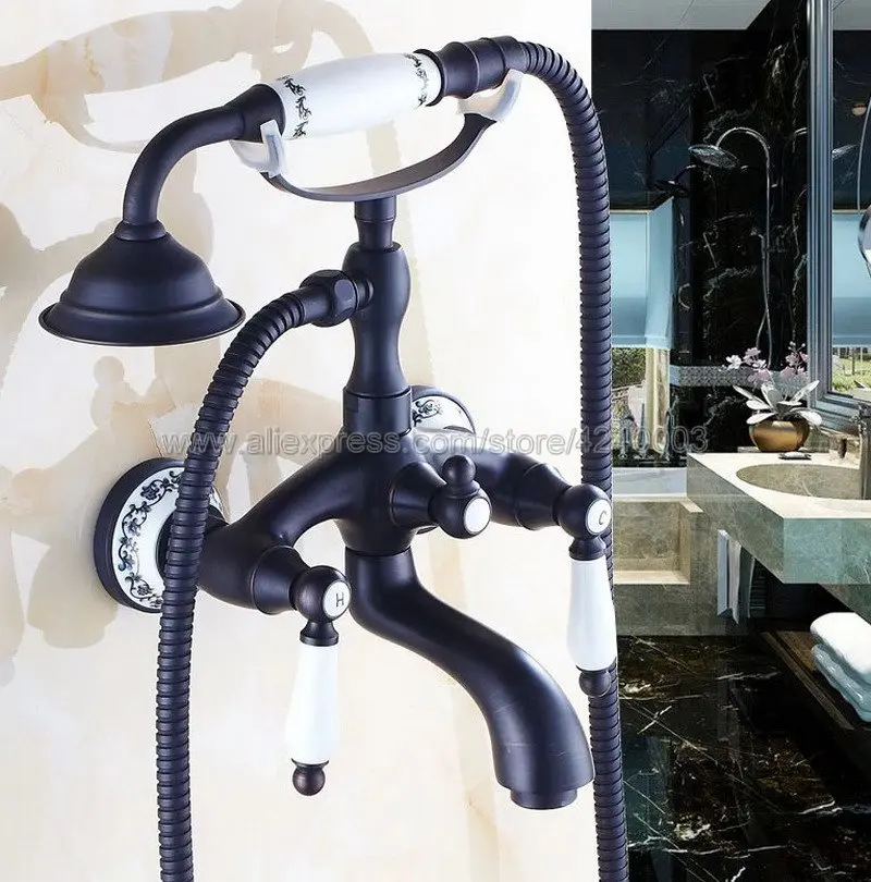 Black Oil Brass Bath Tub Faucet Ceramic Handle Handheld Shower