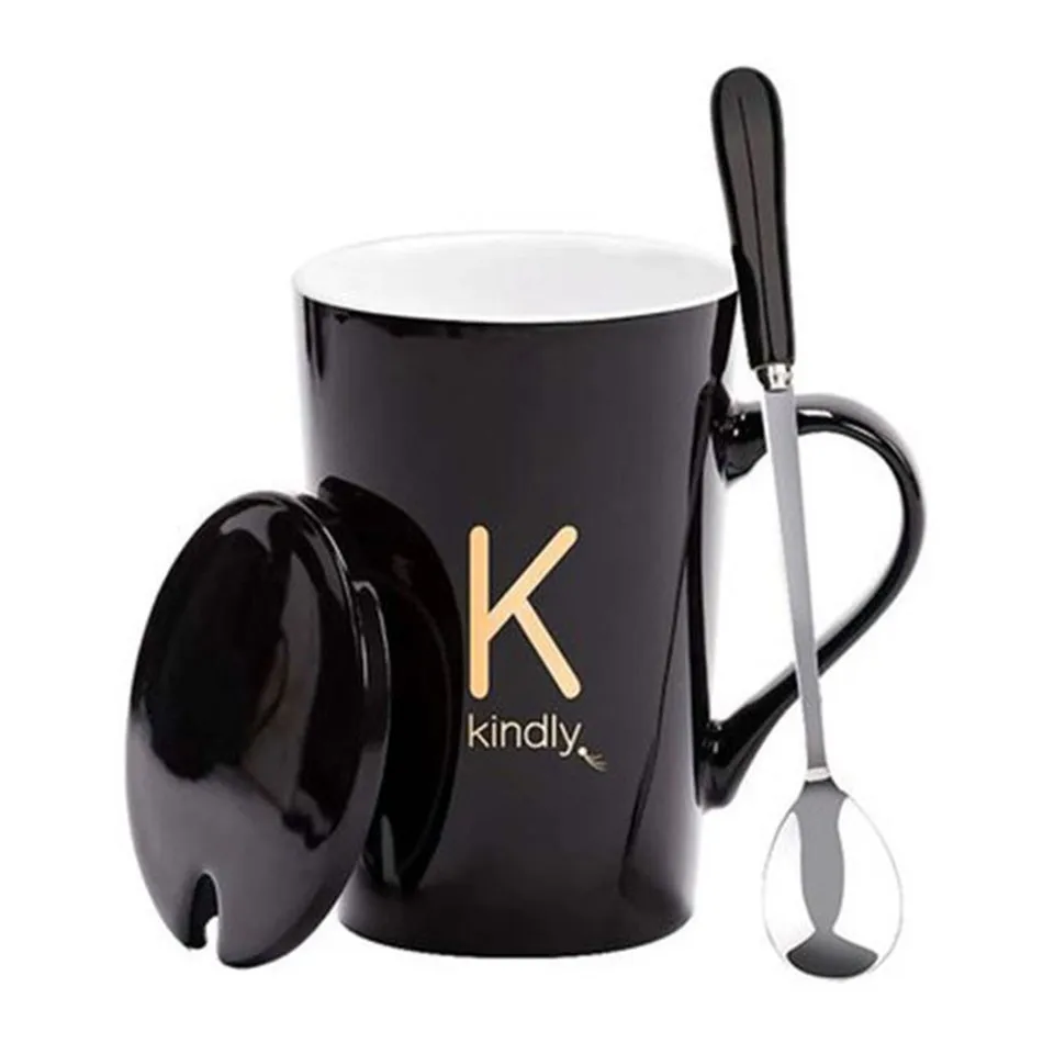 Креативная кофейная чашка с буквенным принтом с крышкой и ложкой пара стакан кружки дорожные чашки и кружки друзья подарок MC070701 - Цвет: Black K