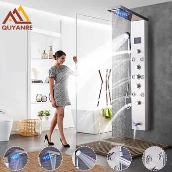 

Quyanre Shower Faucet Set LED Rainfall Waterfall Shower Panel Massage Jets Temperature Screen Three Handles Bathroom Shower