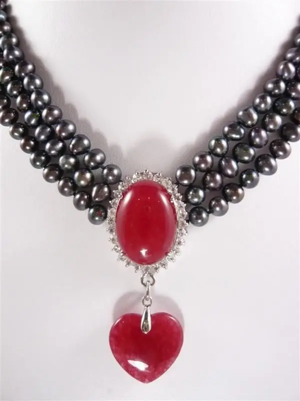 

3rows 7-8MM black pearl necklace red jade pendant