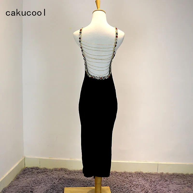 

Cakucool Luxury Diamonds Beading Strap Dress Mid Long Sexy Backless Vestido Round neck Sleeveless Evening Bodycon Slim Dresses