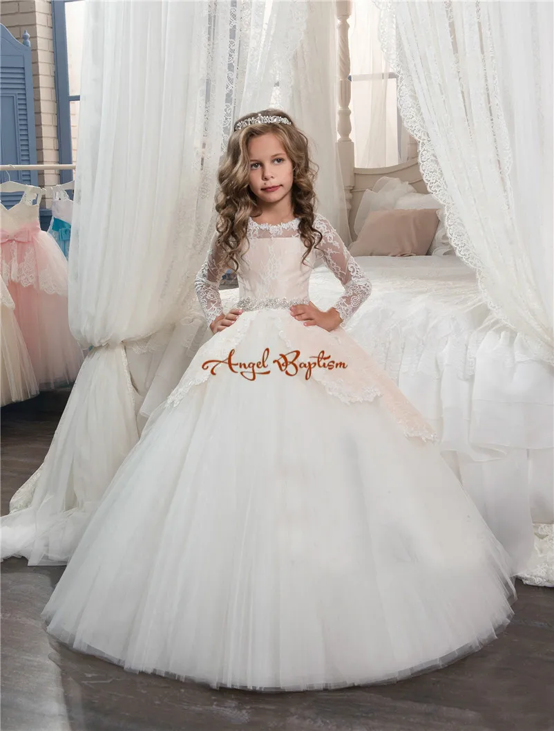 

Pretty Princess Champagne/White lace ball gown flower girl dresses sheer appliqued bead bow pageant gowns for kids wedding party