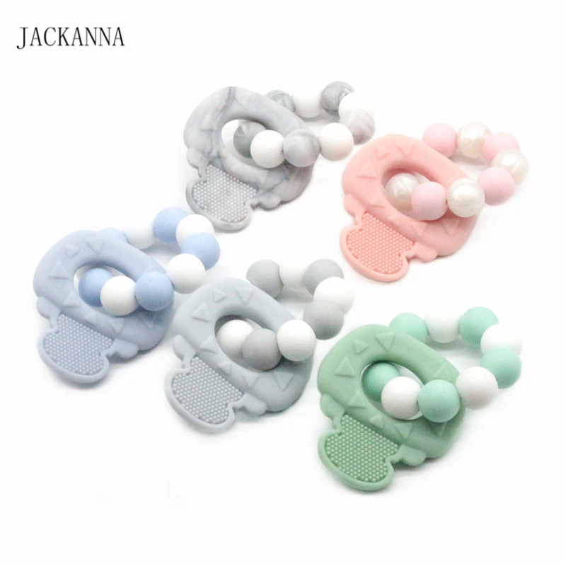 

1PC Infant Key Teether Rings Food Grade Silicone Rattle Toy Teething Bracelets Silicone Beaded Baby Bijtring Toys BPA FREE